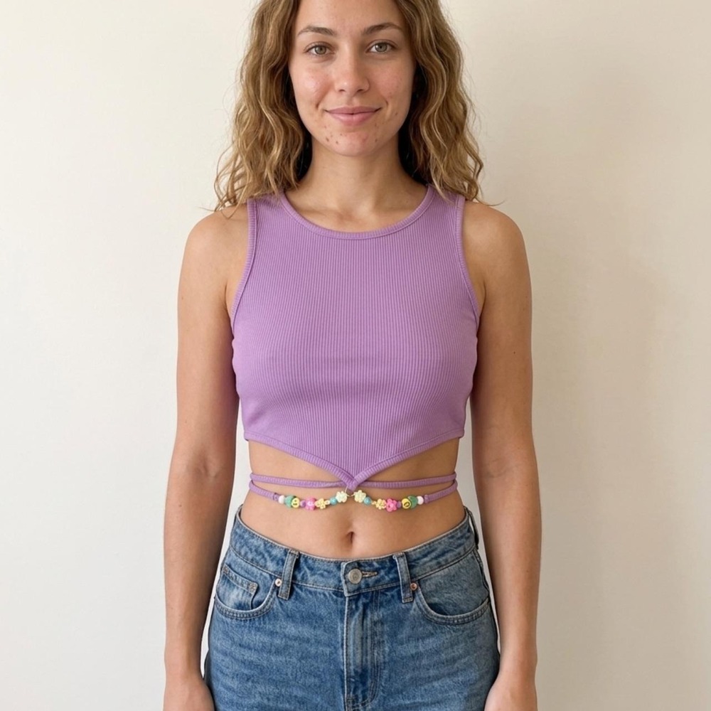 Princess Polly Lavender Ribbed Beaded Tie Crop Top Cinched Waist – 4/0